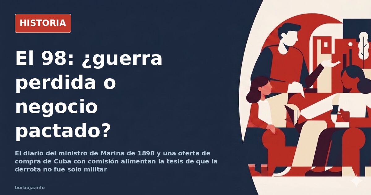 Retrato histórico de la guerra del 98 con barcos de guerra y documentos sobre la derrota española