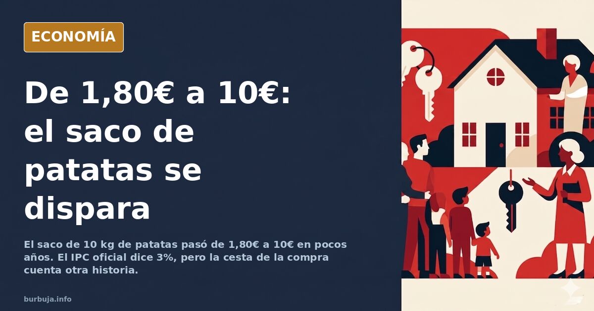 Saco de patatas de 10 kilos en una frutería de barrio con etiqueta de precio