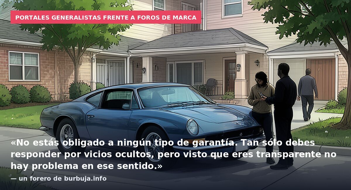 Portales generalistas frente a foros de marca: «No estás obligado a ningún tipo de garantía. Tan sólo debes responder por vicios ocultos, pero visto que eres transparente no hay problema en ese sentido.» — un forero de burbuja.info