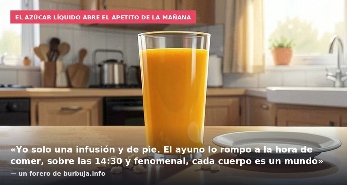 El azúcar líquido abre el apetito de la mañana: «Yo solo una infusión y de pie. El ayuno lo rompo a la hora de comer, sobre las 14:30 y fenomenal, cada cuerpo es un mundo» — un forero de burbuja.info