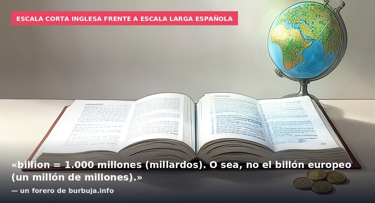Escala corta inglesa frente a escala larga española: «billion = 1.000 millones (millardos). O sea, no el billón europeo (un millón de millones).» — un forero de burbuja.info