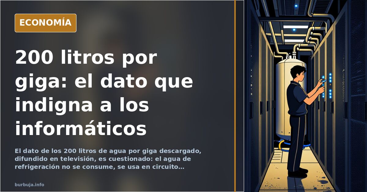 Ilustración editorial de servidores en un centro de datos refrigerados por agua con la cifra 200 litros por giga flotando