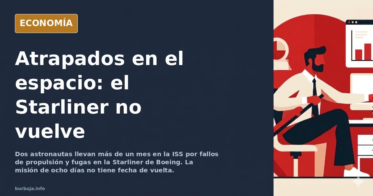 Ilustración editorial de una nave espacial atracada en una estación orbital con dos siluetas de astronautas flotando en el in