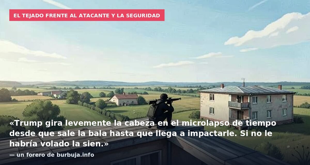 El tejado frente al atacante y la seguridad: «Trump gira levemente la cabeza en el microlapso de tiempo desde que sale la bala hasta que llega a impactarle. Si no le habría volado la sien.» — un forero de burbuja.info