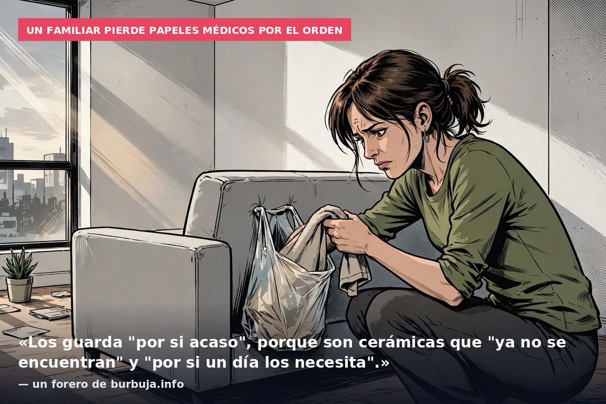 Un familiar pierde papeles médicos por el orden: «Los guarda "por si acaso", porque son cerámicas que "ya no se encuentran" y "por si un día los necesita".» — un forero de burbuja.info