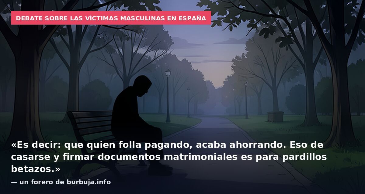Debate sobre las víctimas masculinas en España: «Es decir: que quien folla pagando, acaba ahorrando. Eso de casarse y firmar documentos matrimoniales es para pardillos betazos.» — un forero de burbuja.info