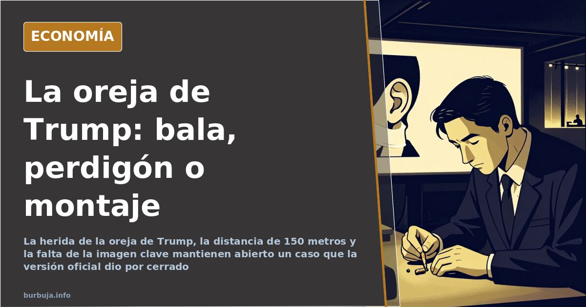 Ilustración editorial de la oreja vendada de Donald Trump y la trayectoria de una bala a 150 metros durante el mitin