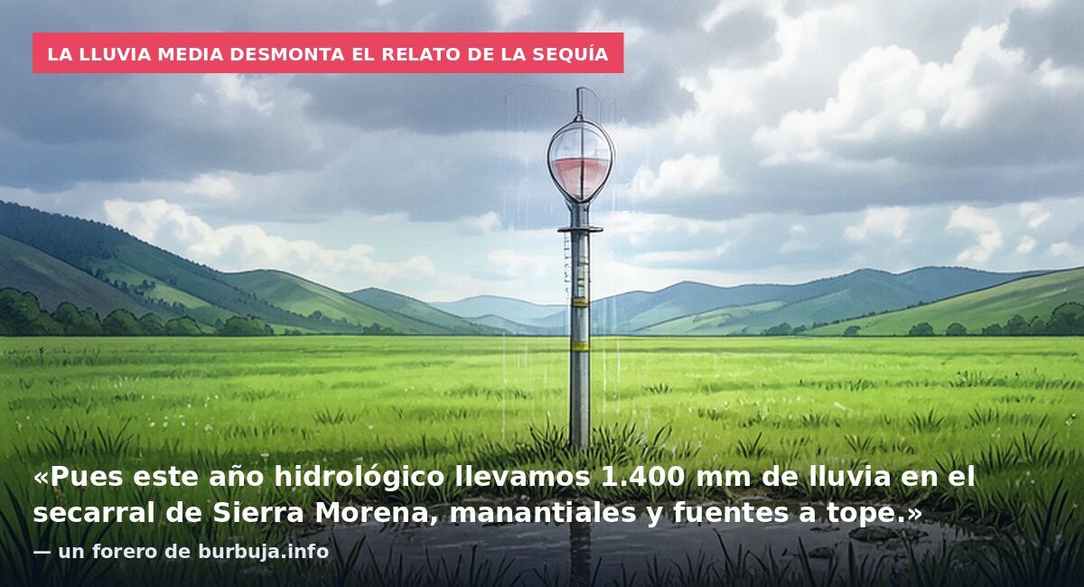 La lluvia media desmonta el relato de la sequía: «Pues este año hidrológico llevamos 1.400 mm de lluvia en el secarral de Sierra Morena, manantiales y fuentes a tope.» — un forero de burbuja.info