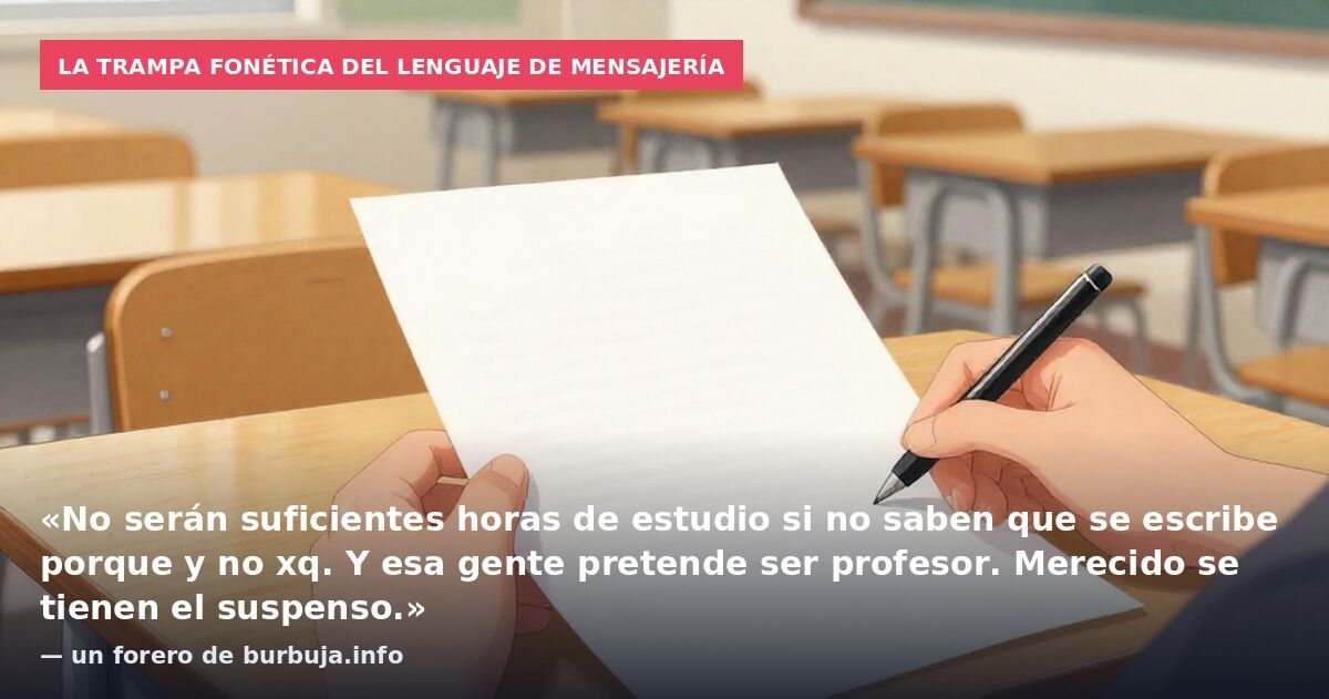 La trampa fonética del lenguaje de mensajería: «No serán suficientes horas de estudio si no saben que se escribe porque y no xq. Y esa gente pretende ser profesor. Merecido se tienen el suspenso.» — un forero de burbuja.info