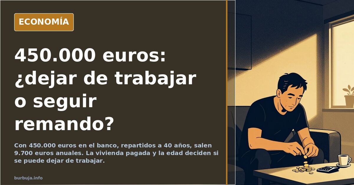 Ilustración editorial de una balanza con una casa y una calculadora, símbolo del cálculo para dejar de trabajar con 450.000 e