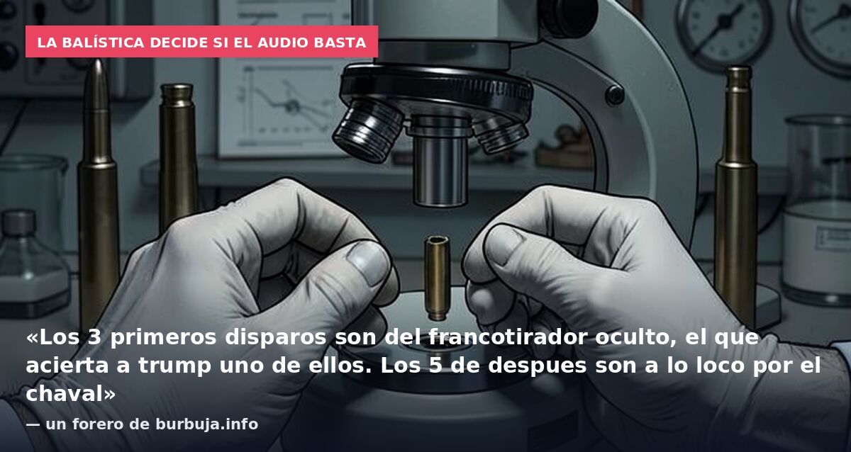 La balística decide si el audio basta: «Los 3 primeros disparos son del francotirador oculto, el que acierta a trump uno de ellos. Los 5 de despues son a lo loco por el chaval» — un forero de burbuja.info