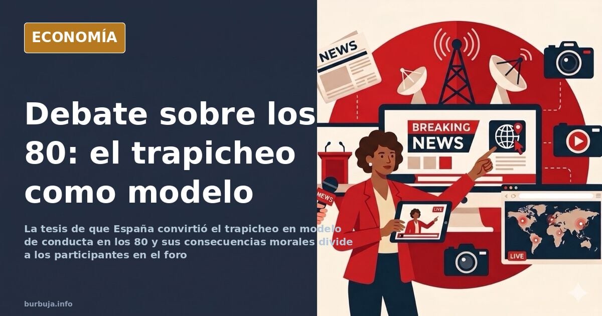 Ilustración editorial de una calle española de los años ochenta con jeringuillas y carteles de cine frente a un gimnasio actu