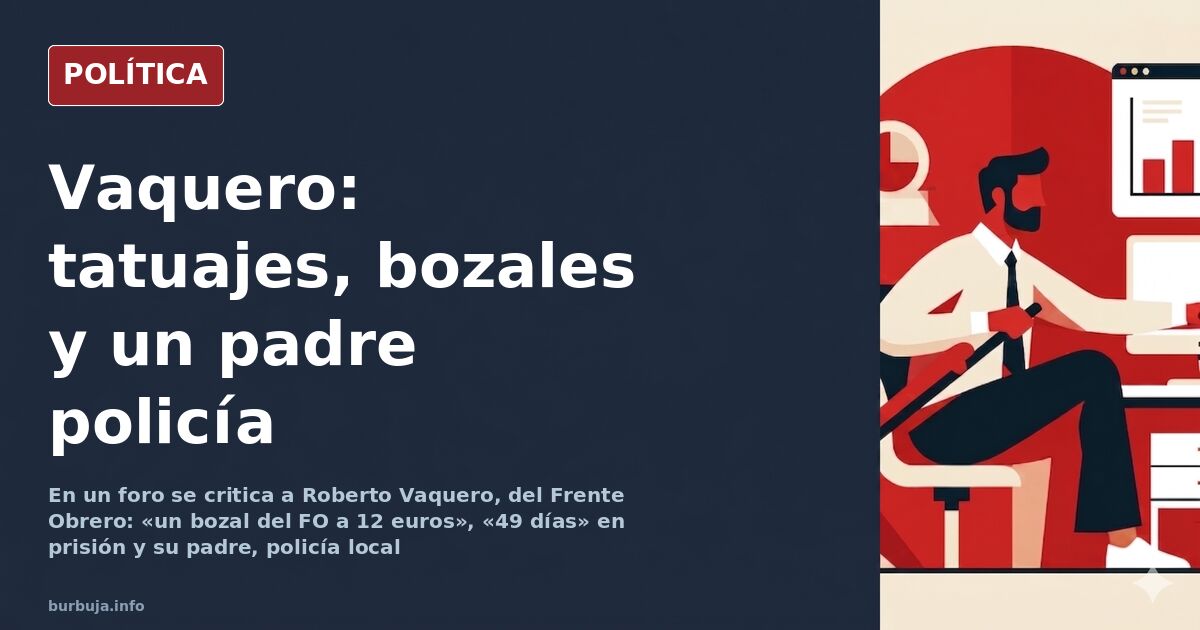 Caricatura editorial de Roberto Vaquero con tatuajes y bozal del Frente Obrero en un atril político