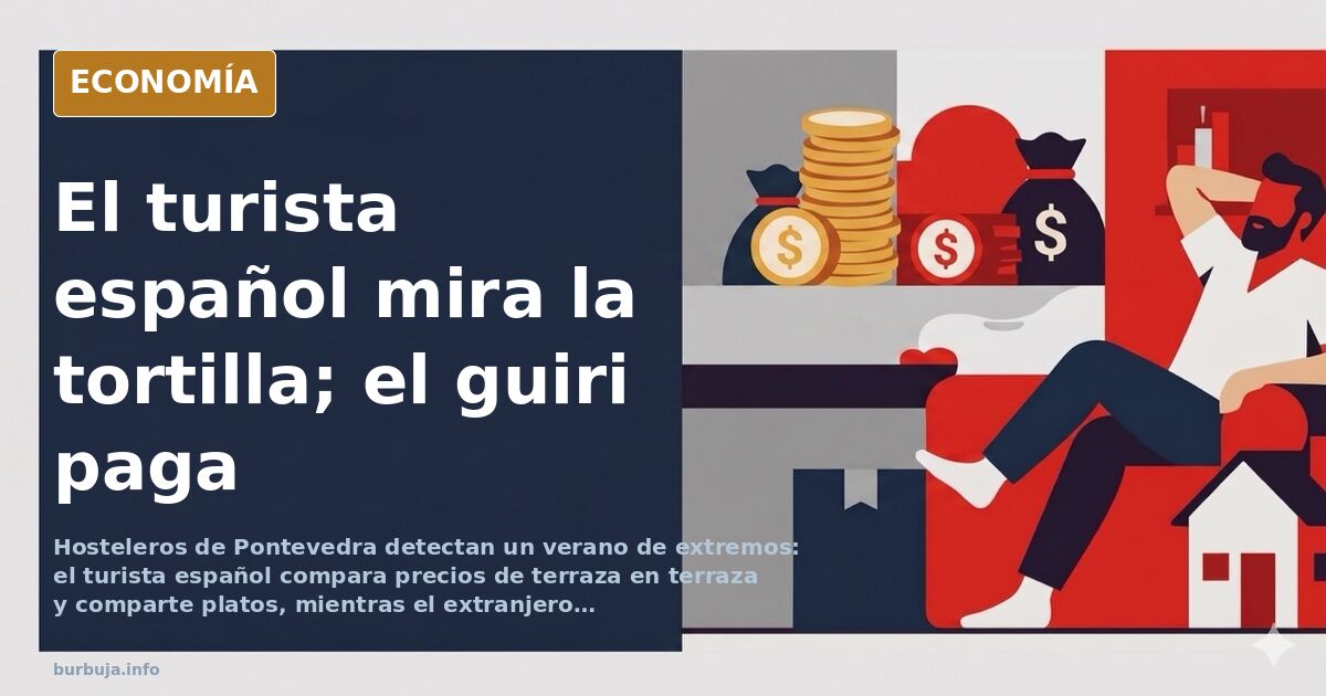 Ilustración editorial de terrazas de hostelería en una calle gallega con clientes consultando cartas de precios antes de sent