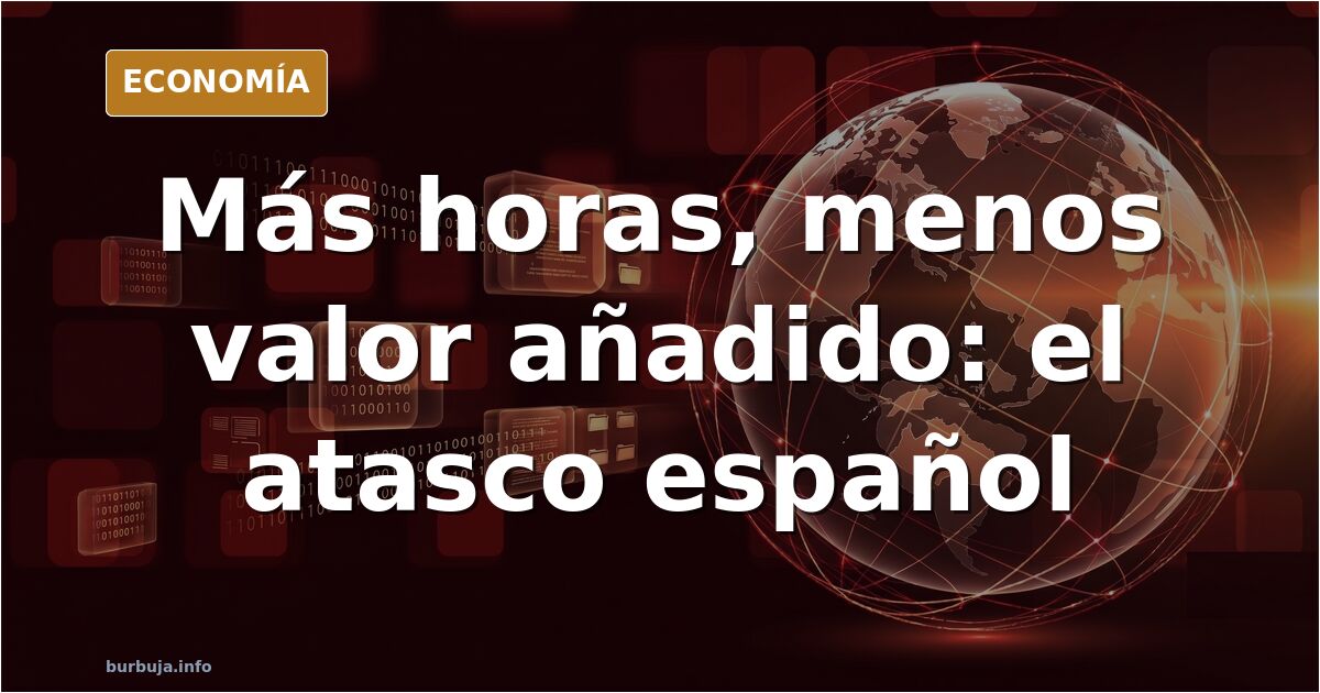 Ilustración editorial de una oficina española con relojes marcando jornadas largas frente a una gráfica de productividad esta