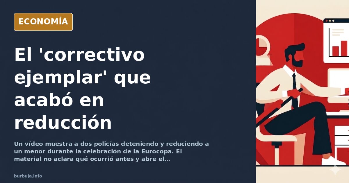 Ilustración editorial de dos agentes de policía reduciendo a un joven en una calle durante una celebración con banderas