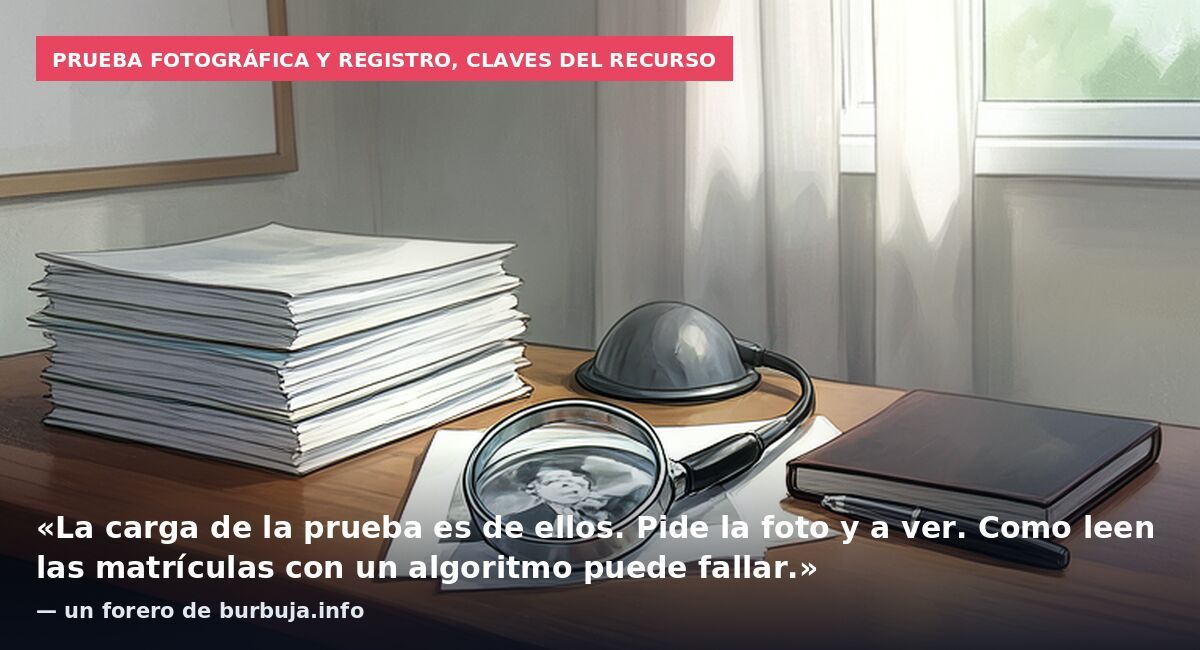 Prueba fotográfica y registro, claves del recurso: «La carga de la prueba es de ellos. Pide la foto y a ver. Como leen las matrículas con un algoritmo puede fallar.» — un forero de burbuja.info