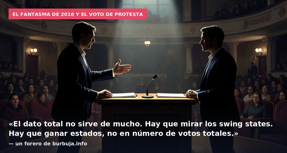 El fantasma de 2016 y el voto de protesta: «El dato total no sirve de mucho. Hay que mirar los swing states. Hay que ganar estados, no en número de votos totales.» — un forero de burbuja.info