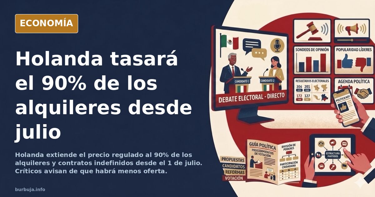 Viviendas holandesas en hilera junto a un cartel de alquiler, ilustración editorial sobre el control de precios del alquiler