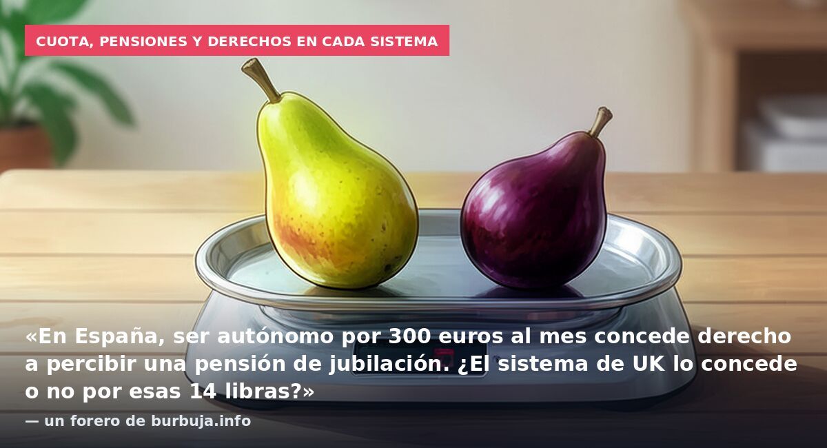 Cuota, pensiones y derechos en cada sistema: «En España, ser autónomo por 300 euros al mes concede derecho a percibir una pensión de jubilación. ¿El sistema de UK lo concede o no por esas 14 libras?» — un forero de burbuja.info