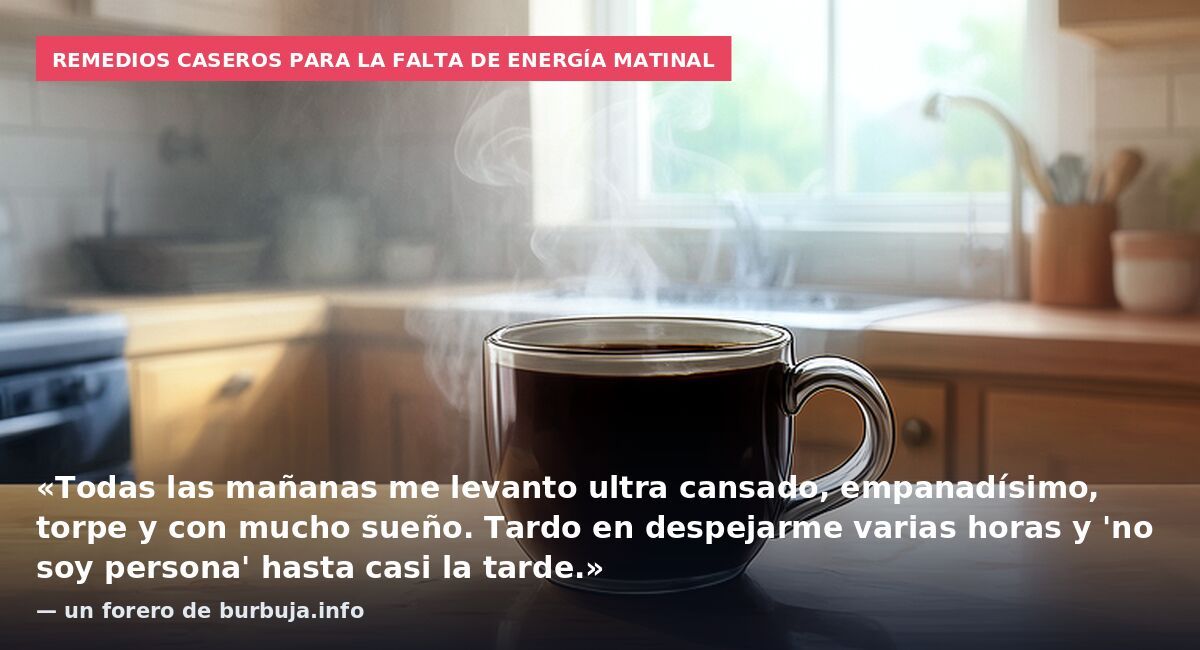 Remedios caseros para la falta de energía matinal: «Todas las mañanas me levanto ultra cansado, empanadísimo, torpe y con mucho sueño. Tardo en despejarme varias horas y 'no soy persona' hasta casi la tarde.» — un forero de burbuja.info