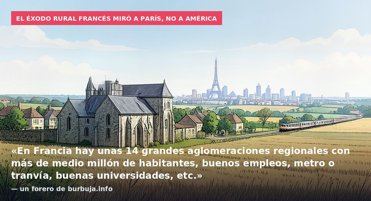 El éxodo rural francés miró a París, no a América: «En Francia hay unas 14 grandes aglomeraciones regionales con más de medio millón de habitantes, buenos empleos, metro o tranvía, buenas universidades, etc.» — un forero de burbuja.info