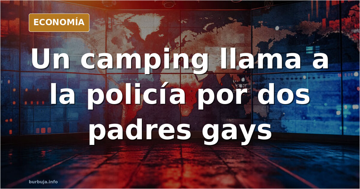 Ilustración editorial de una parcela de camping con una caravana y una pareja de dos hombres con niños junto a un empleado de