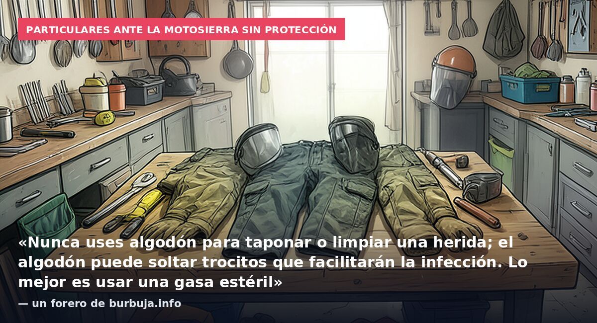 Particulares ante la motosierra sin protección: «Nunca uses algodón para taponar o limpiar una herida; el algodón puede soltar trocitos que facilitarán la infección. Lo mejor es usar una gasa estéril» — un forero de burbuja.info