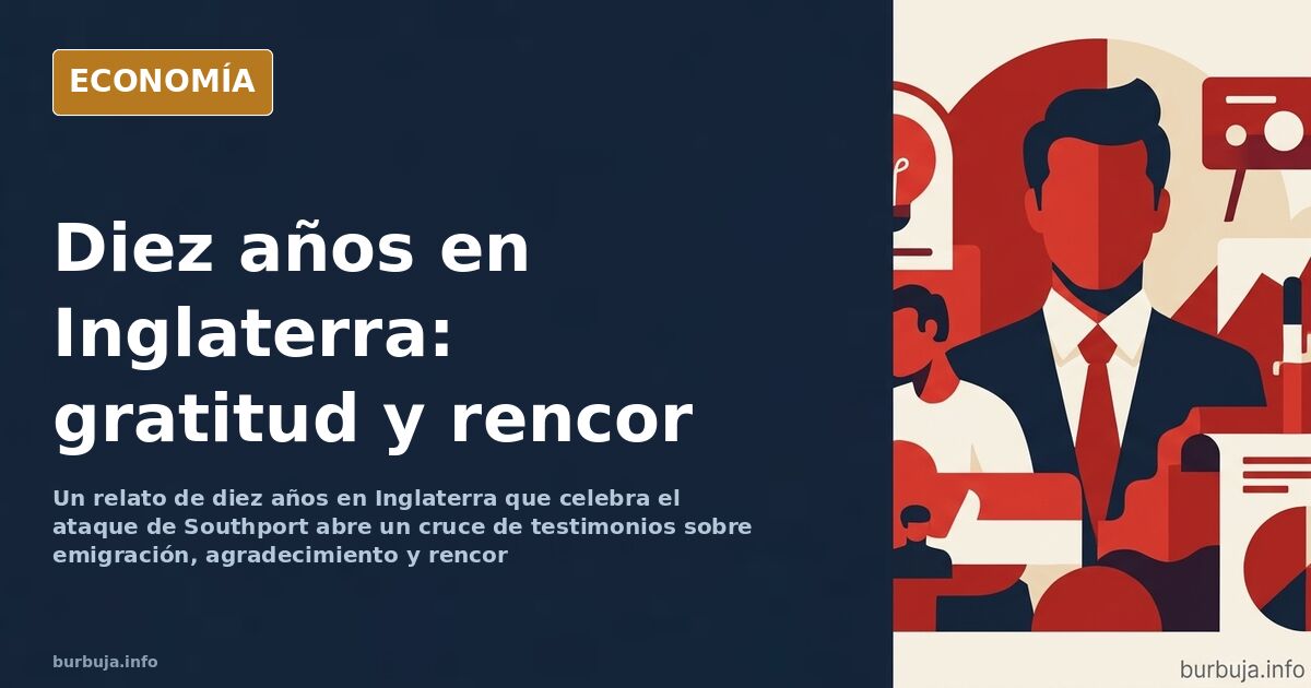 Ilustración editorial de una calle británica con viandantes y banderas, sobre la emigración española en Reino Unido