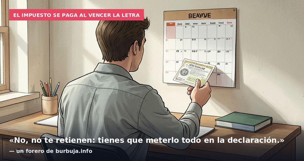 El impuesto se paga al vencer la letra: «No, no te retienen: tienes que meterlo todo en la declaración.» — un forero de burbuja.info