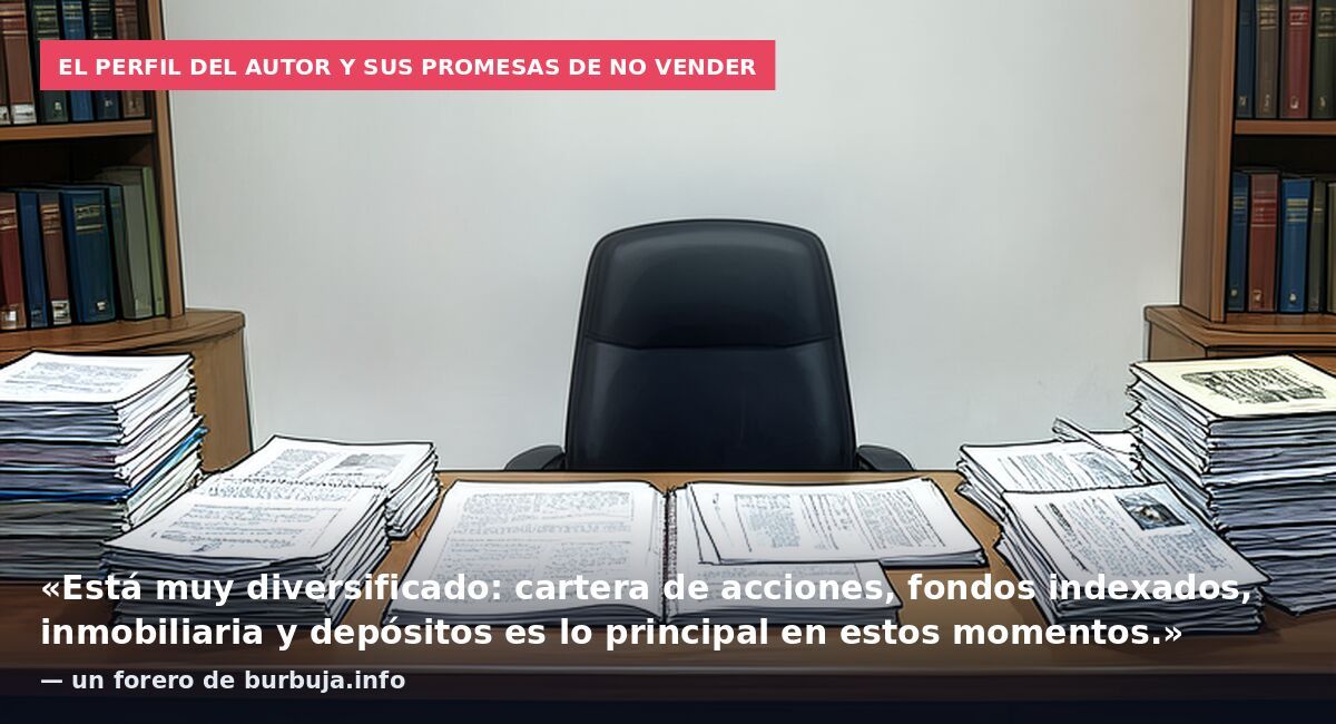 El perfil del autor y sus promesas de no vender: «Está muy diversificado: cartera de acciones, fondos indexados, inmobiliaria y depósitos es lo principal en estos momentos.» — un forero de burbuja.info