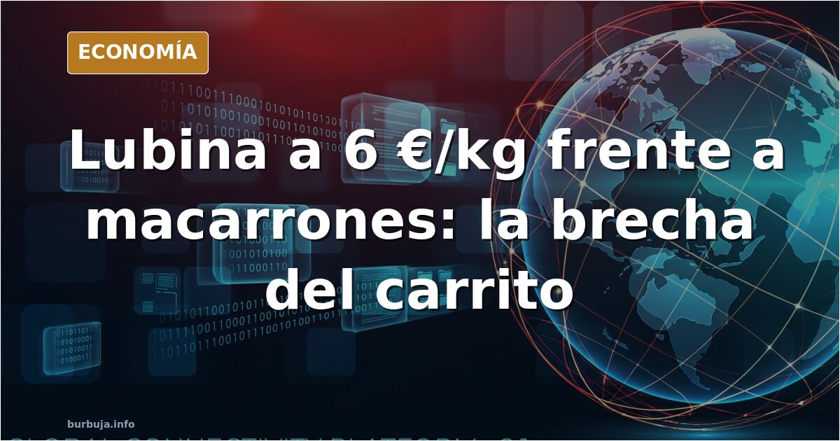 Pescadería con lubinas frescas sobre hielo y una bolsa de macarrones junto al mostrador, comparando el precio por kilo del pe