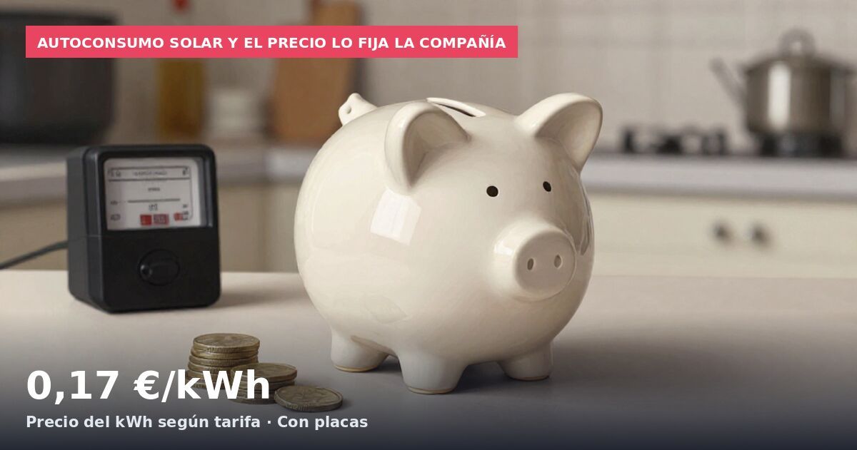 Autoconsumo solar y el precio lo fija la compañía: 0,17 €/kWh Precio del kWh según tarifa · Con placas