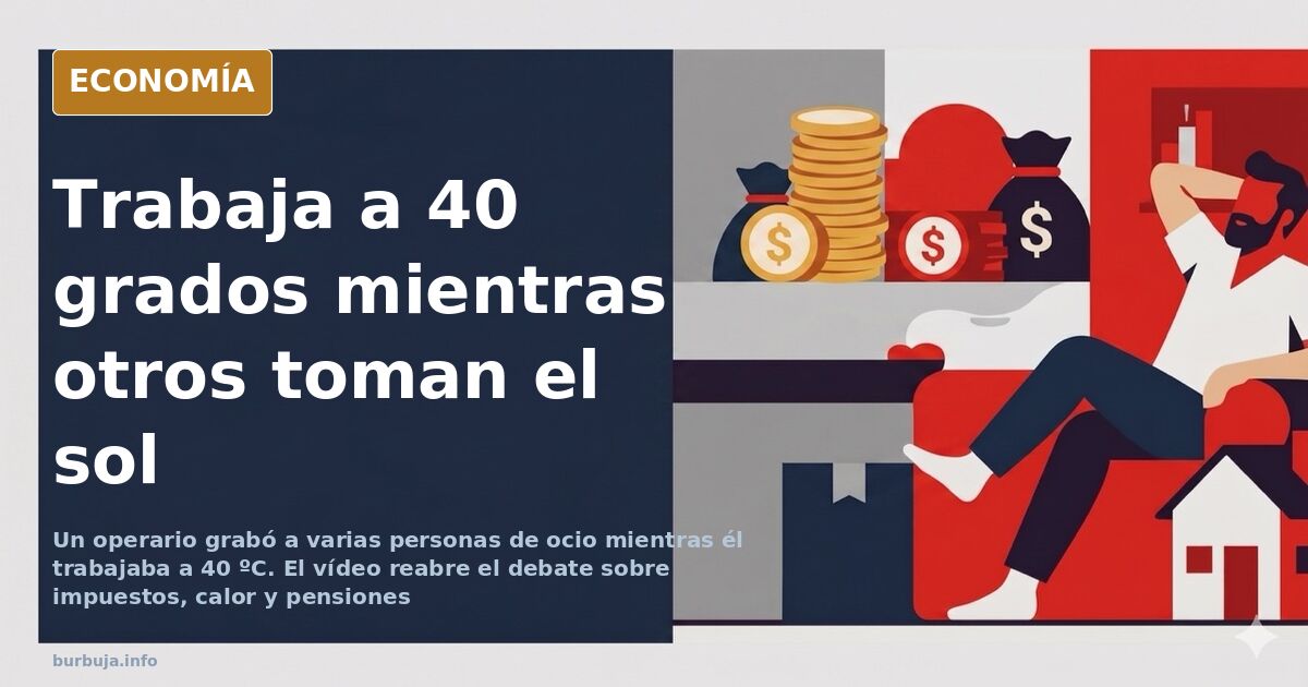 Trabajador de la construcción grabando con el móvil a un grupo que disfruta a la sombra mientras él trabaja a 40 grados