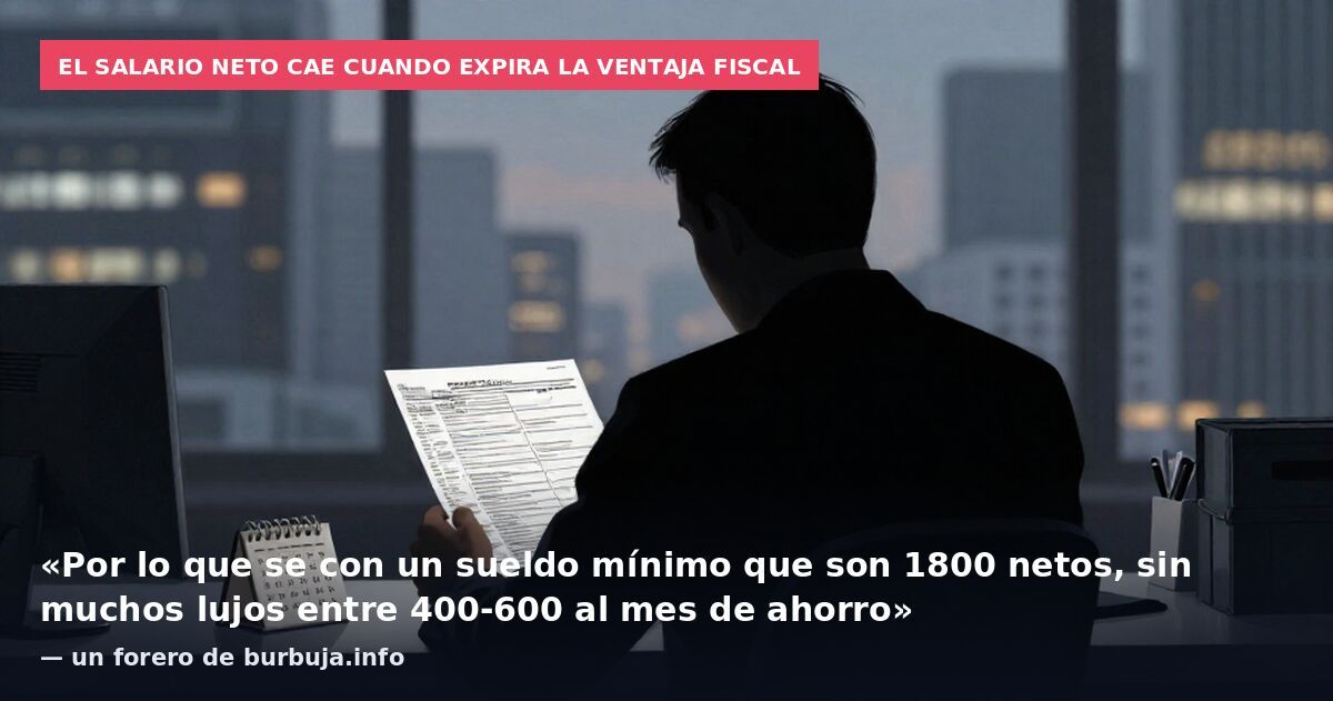 El salario neto cae cuando expira la ventaja fiscal: «Por lo que se con un sueldo mínimo que son 1800 netos, sin muchos lujos entre 400-600 al mes de ahorro» — un forero de burbuja.info