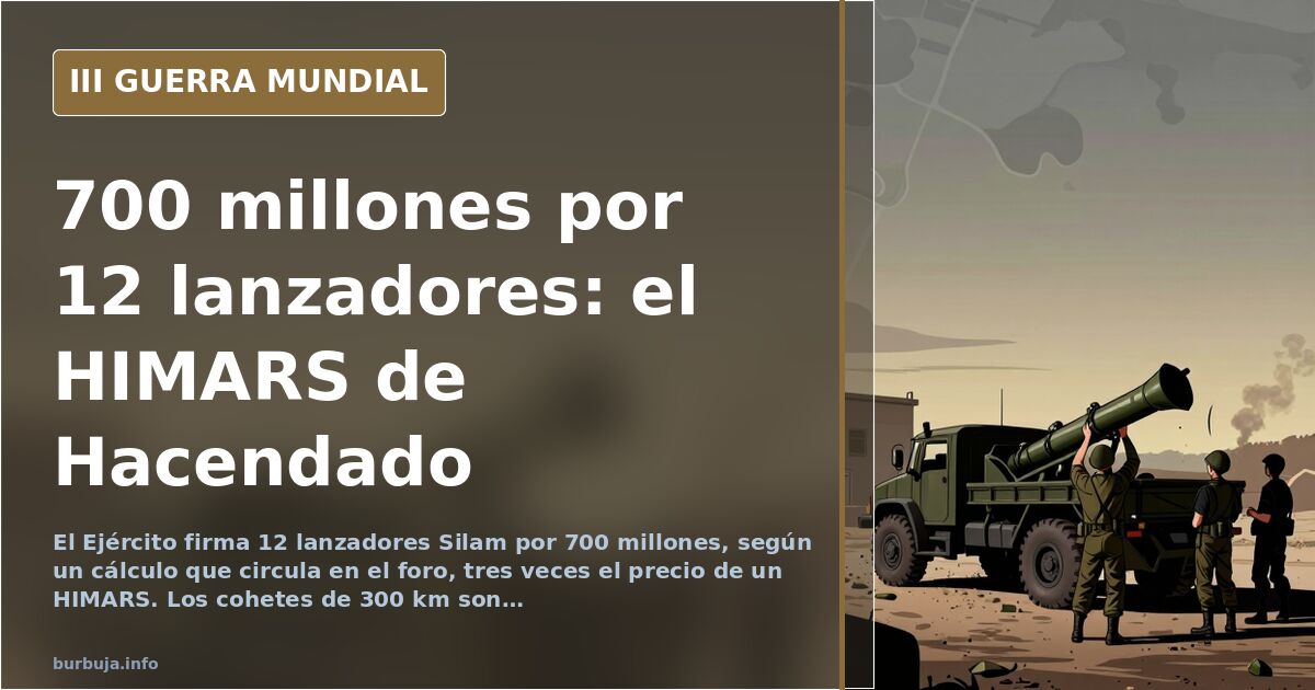Ilustración documental de un lanzacohetes Silam sobre camión militar en primer plano, con siluetas de vehículos de apoyo y hu