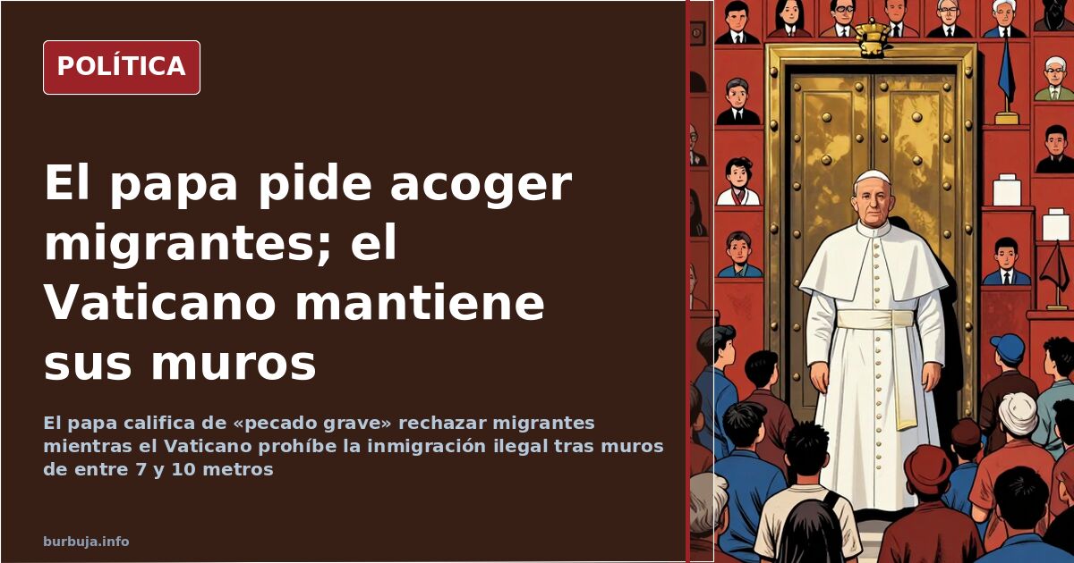 Ilustración editorial sobre el papa Francisco y la política migratoria del Vaticano con muros fronterizos y personas migrante