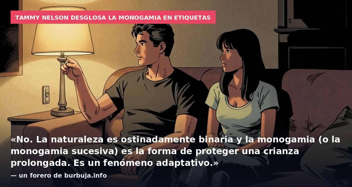 Tammy Nelson desglosa la monogamia en etiquetas: «No. La naturaleza es ostinadamente binaria y la monogamia (o la monogamia sucesiva) es la forma de proteger una crianza prolongada. Es un fenómeno adaptativo.» — un forero de burbuja.info