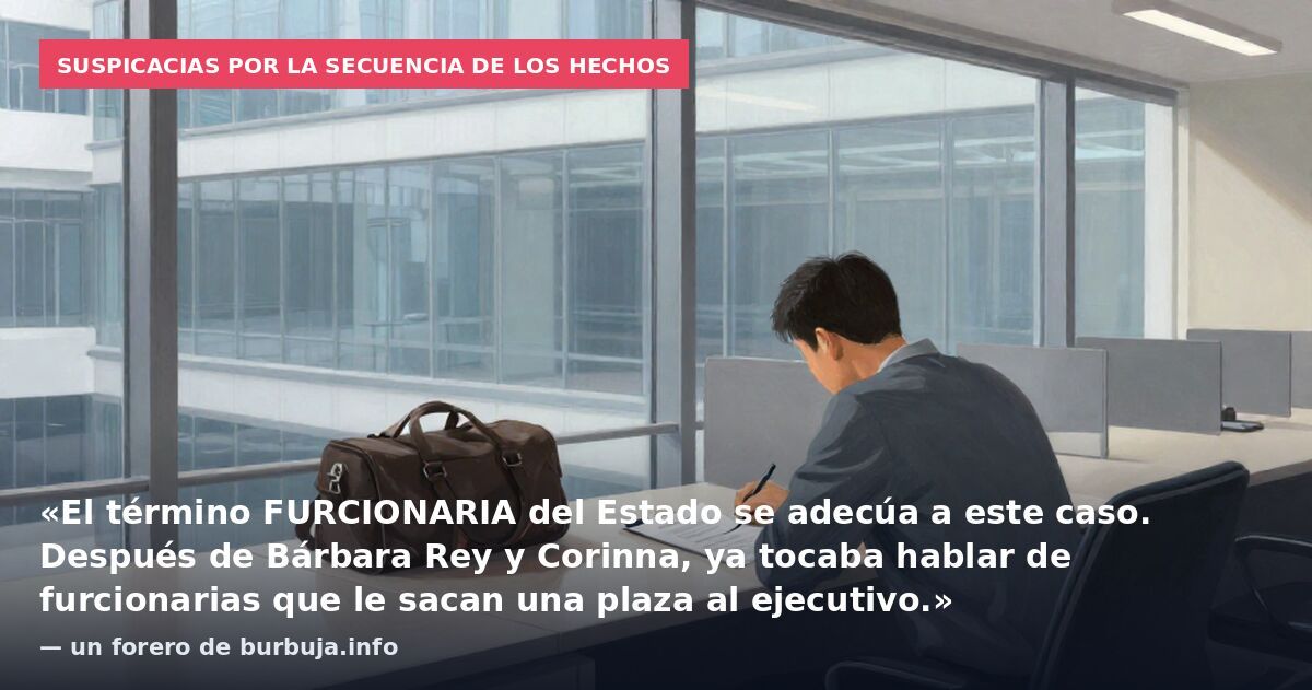 Suspicacias por la secuencia de los hechos: «El término FURCIONARIA del Estado se adecúa a este caso. Después de Bárbara Rey y Corinna, ya tocaba hablar de furcionarias que le sacan una plaza al ejecutivo.» — un forero de burbuja.info