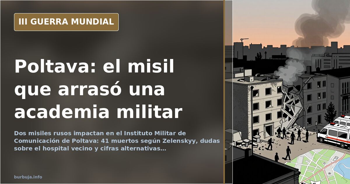 Edificio militar parcialmente destruido en Poltava con humo sobre el horizonte y siluetas de vehículos de emergencia