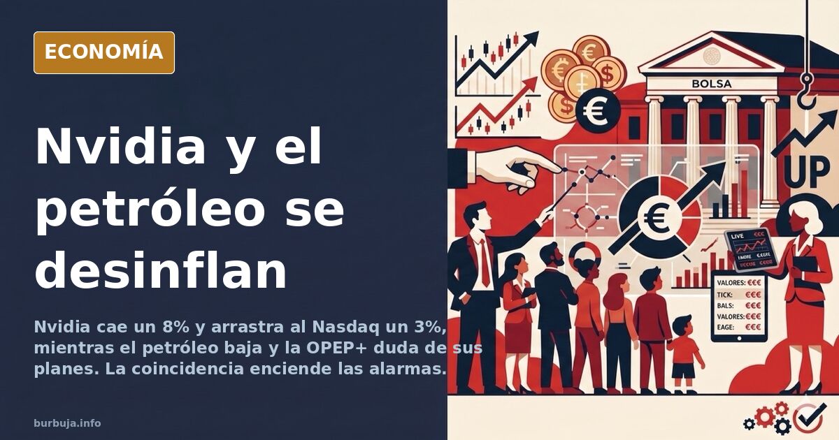 Gráfico bursátil en declive con la silueta de un chip y un barril de petróleo en tonos azul marino y dorado