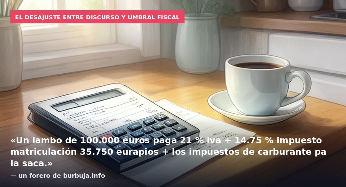 El desajuste entre discurso y umbral fiscal: «Un lambo de 100.000 euros paga 21 % iva + 14.75 % impuesto matriculación 35.750 eurapios + los impuestos de carburante pa la saca.» — un forero de burbuja.info
