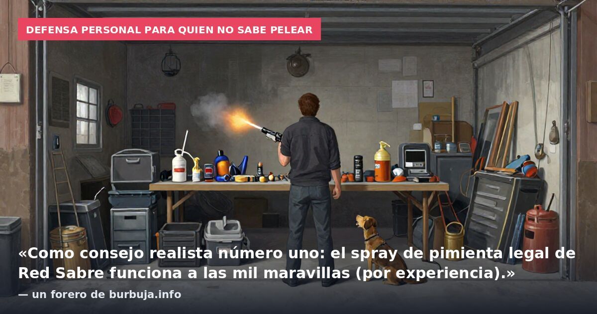 Defensa personal para quien no sabe pelear: «Como consejo realista número uno: el spray de pimienta legal de Red Sabre funciona a las mil maravillas (por experiencia).» — un forero de burbuja.info