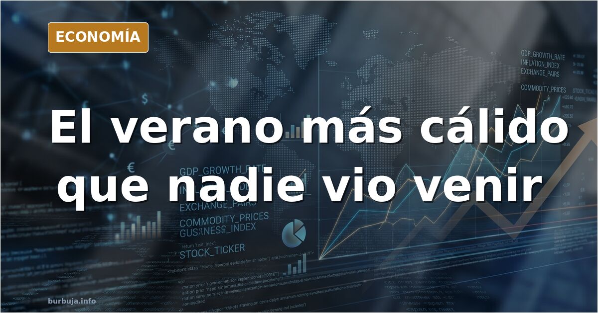 Termómetro de mercurio sobre un mapa de España con nubes y sol simultáneos, ilustración editorial sobre el verano más cálido 
