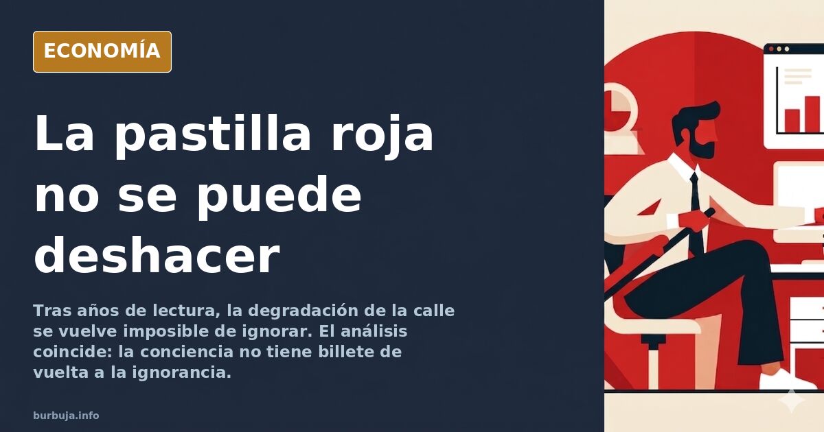 Ilustración editorial de un hombre ante una pantalla encendida que proyecta una ciudad gris y decadente, símbolo de la concie
