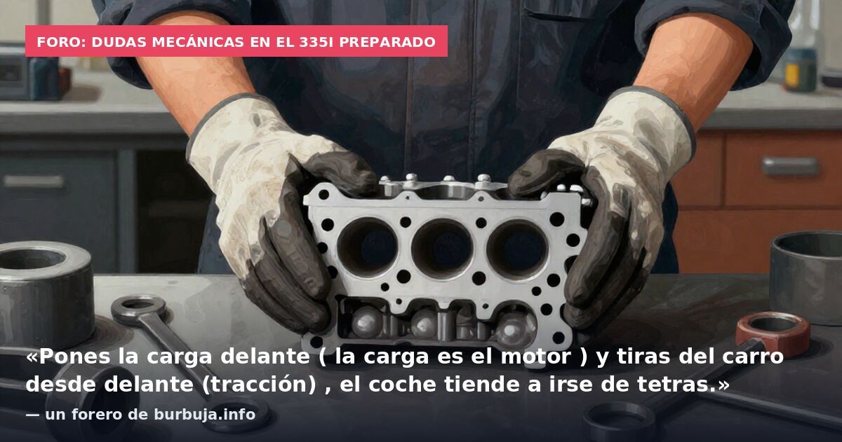 Foro: dudas mecánicas en el 335i preparado: «Pones la carga delante ( la carga es el motor ) y tiras del carro desde delante (tracción) , el coche tiende a irse de tetras.» — un forero de burbuja.info