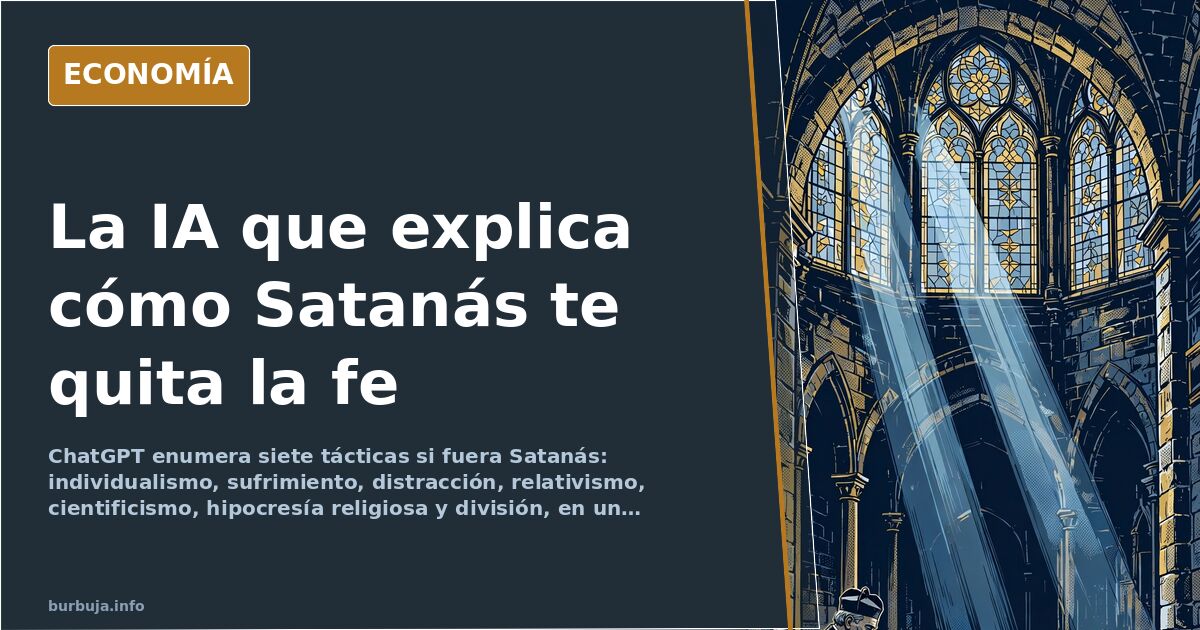 Ilustración editorial de una figura con cuernos susurrando a una pantalla de ordenador en tonos azul marino y dorado