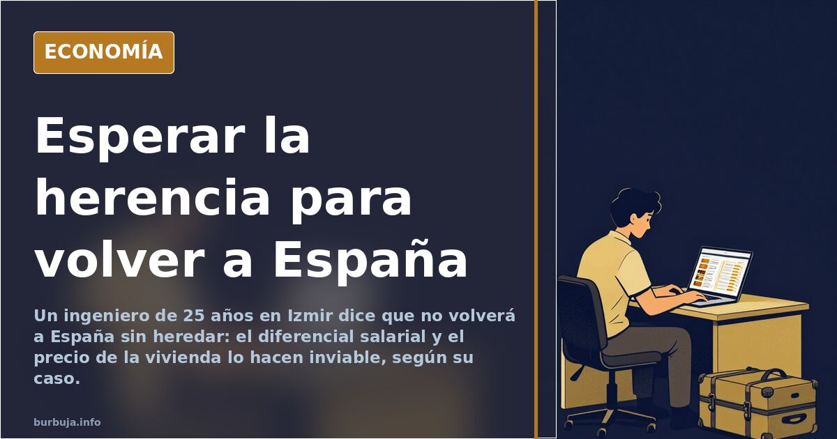 Ilustración editorial de un joven profesional con maleta frente a un edificio de viviendas y un avión al fondo, simbolizando 
