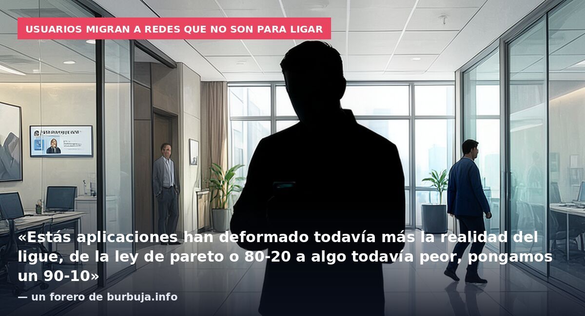 Usuarios migran a redes que no son para ligar: «Estás aplicaciones han deformado todavía más la realidad del ligue, de la ley de pareto o 80-20 a algo todavía peor, pongamos un 90-10» — un forero de burbuja.info