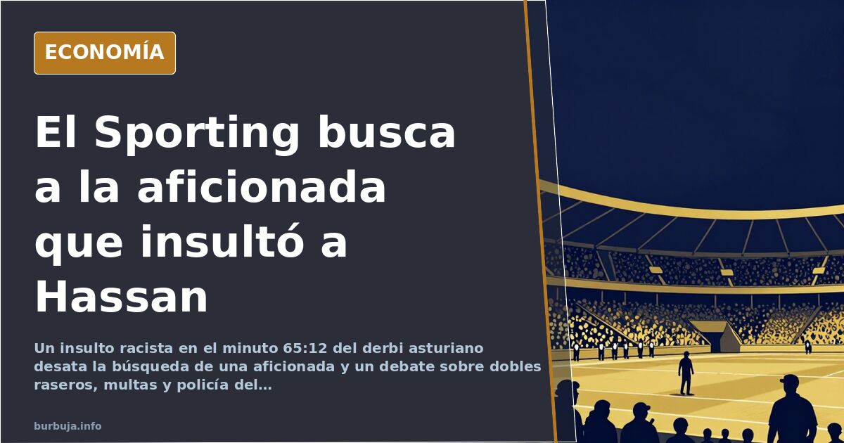 Grada de un estadio de fútbol durante el derbi asturiano, con aficionados de pie y una mujer señalada entre la multitud